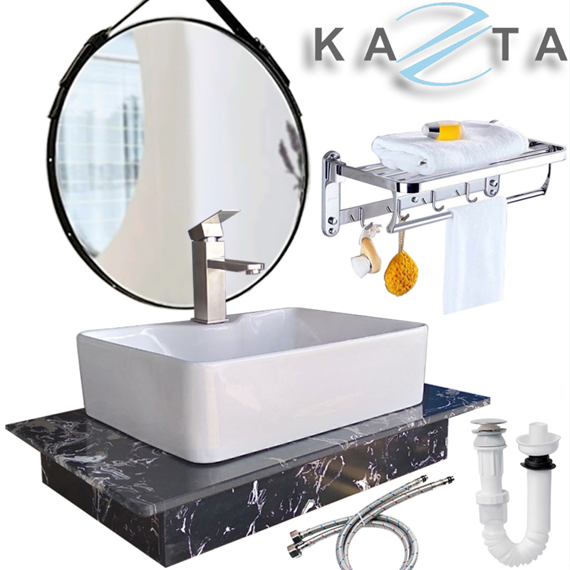 Combo lavabo đặt bàn đá kèm vòi Kazta KZ-CBB01G 6 món