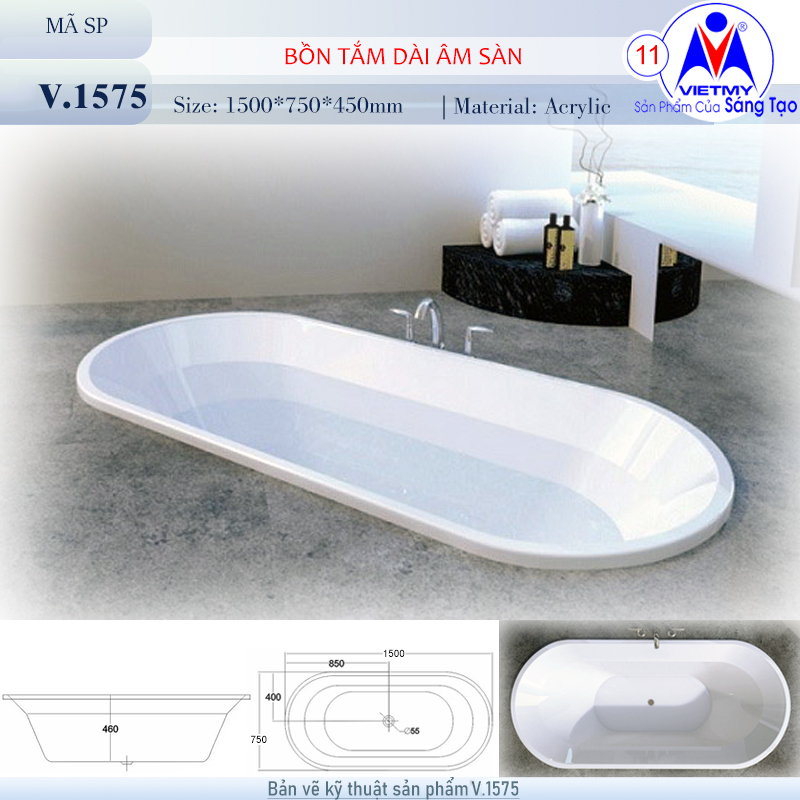 Bồn tắm nằm Việt Mỹ V1575 acrylic không chân yếm