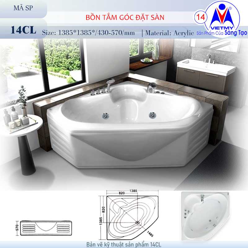 Bồn tắm góc Việt Mỹ 14CL acrylic không chân yếm