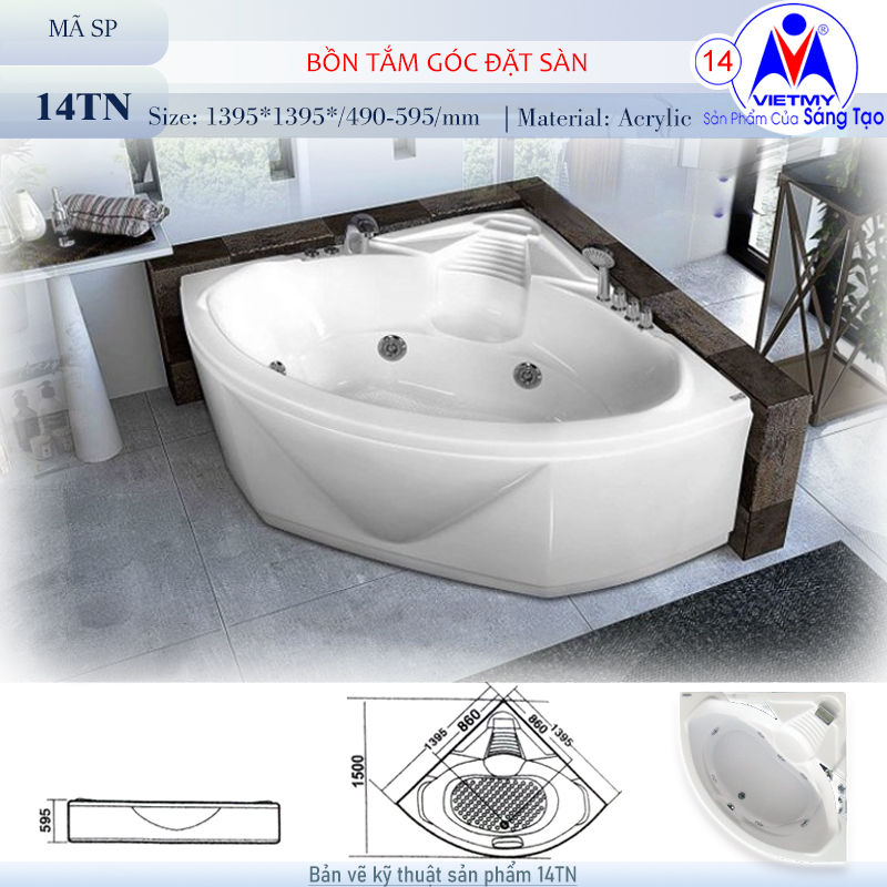 Bồn tắm góc Việt Mỹ 14TN acrylic không chân yếm