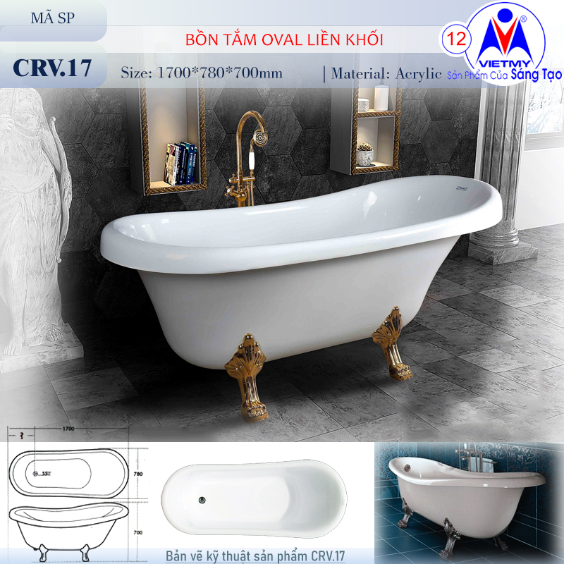Bồn tắm nằm Việt Mỹ CRV.17 acrylic nguyên khối
