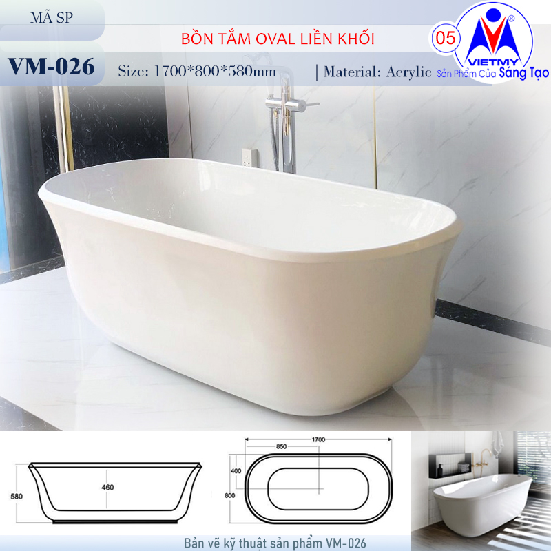 Bồn tắm nằm Việt Mỹ VM-026 acrylic nguyên khối