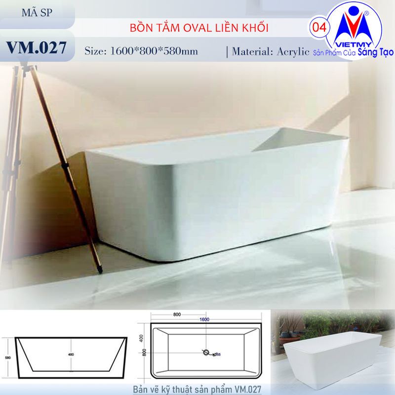 Bồn tắm nằm Việt Mỹ VM-027 acrylic nguyên khối