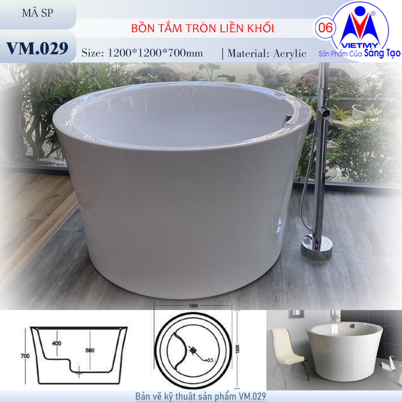 Bồn tắm nằm Việt Mỹ VM-029 acrylic nguyên khối
