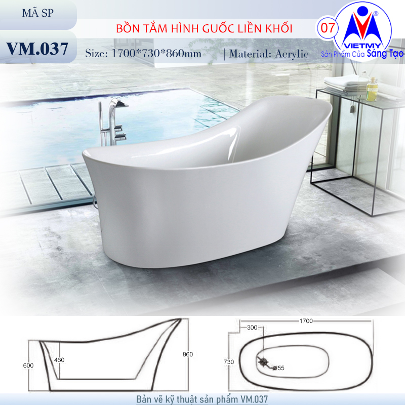 Bồn tắm nằm Việt Mỹ VM.037 acrylic nguyên khối