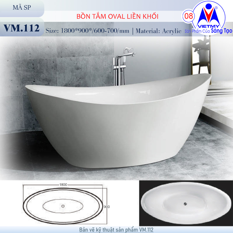 Bồn tắm nằm Việt Mỹ VM.112 acrylic nguyên khối